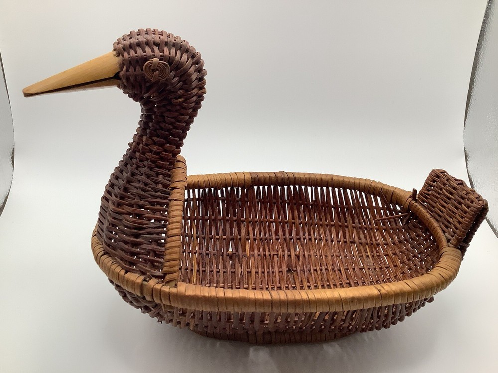 Wicker Duck Basket With Bamboo Wood Beak Vintage