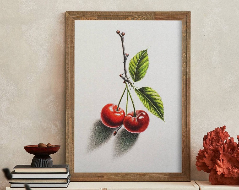 Cherries Oil Pastel Painting Artwork Print At Home Wall Art Wall Art Print