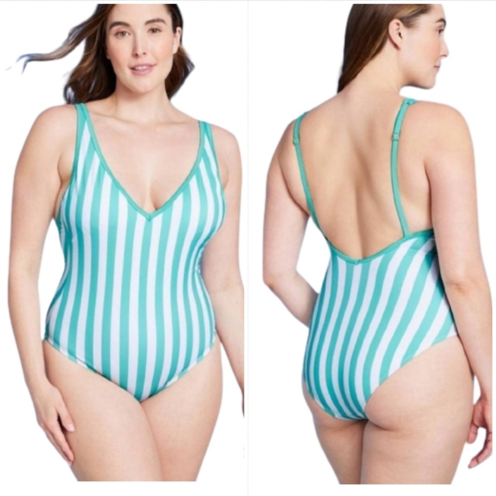 Kona Sol Turquoise Striped V-Neck High-Leg XL Swimsuit  