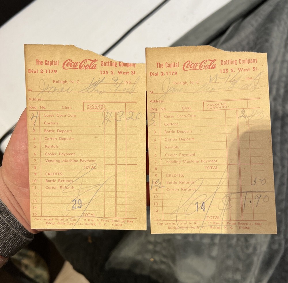 2xVintage Raleigh North Carolina NC Coca Cola Bottling Sales Receipt Capital Red