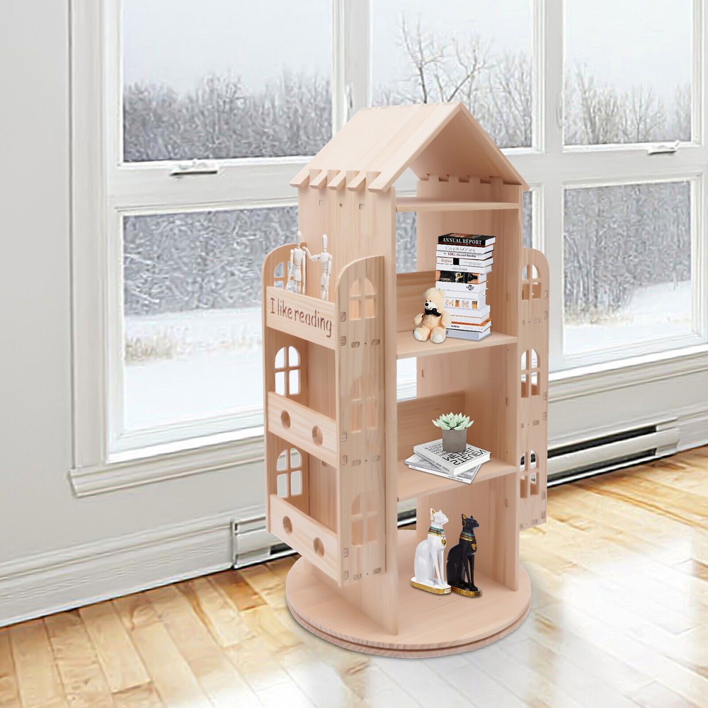 360-Degree Rotating Wood Bookcase Floor Stand for Kids Room Storage