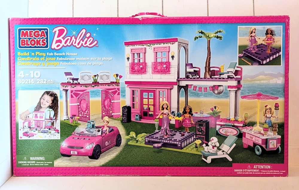 Barbie Mega Bloks Deluxe Beach House with 4 Dolls Pink Car & Ice Cream Cart  