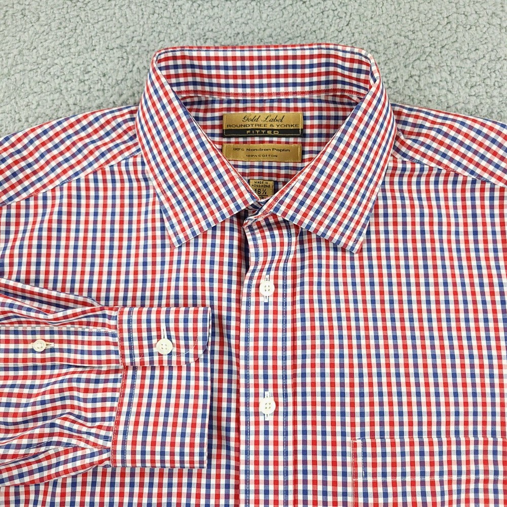 Roundtree & Yorke Shirt Mens 16 1/2 Red Blue Fitted Gold Label Business