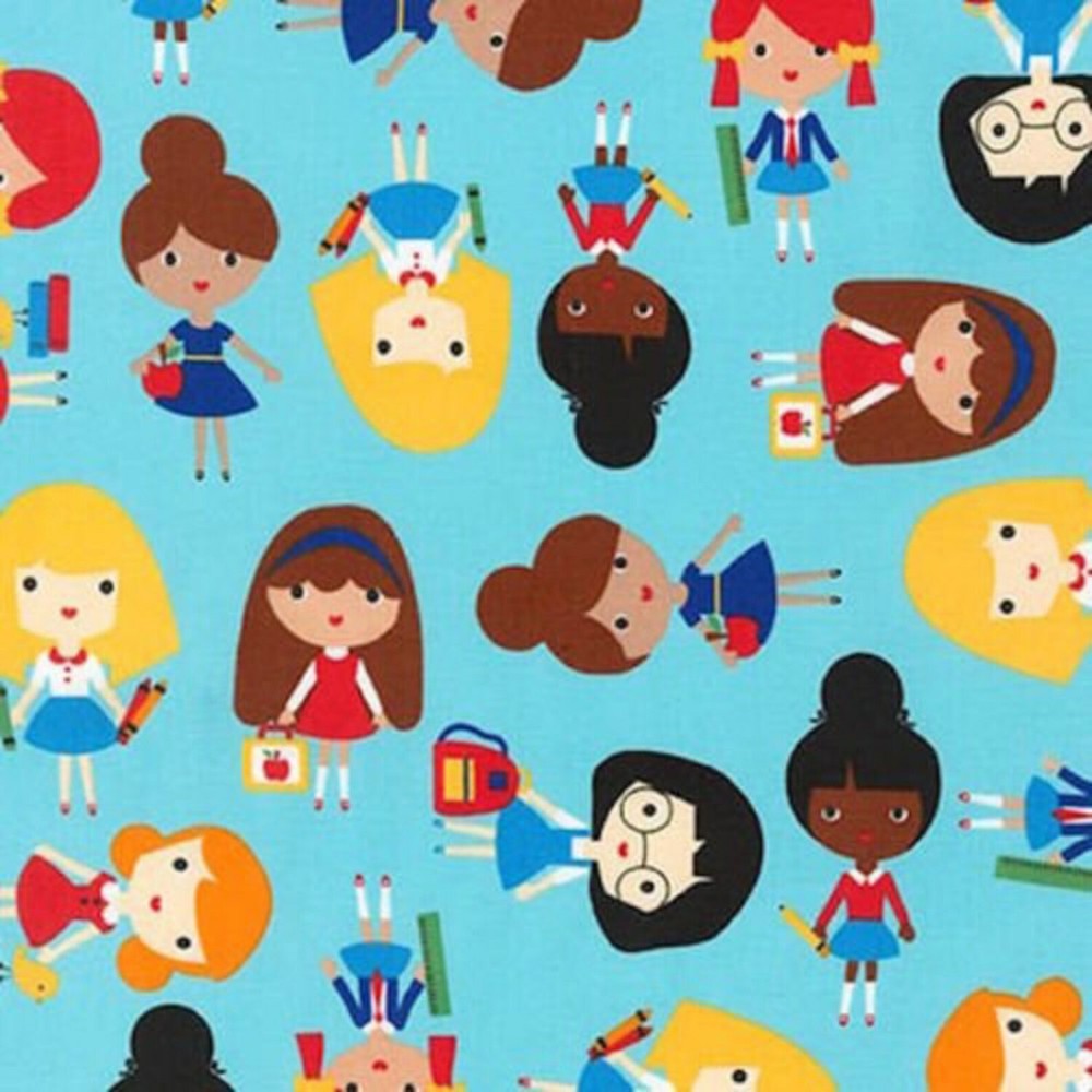 Back to School Schoolgirls Aqua 100% Cotton Fabric by The Yard-image