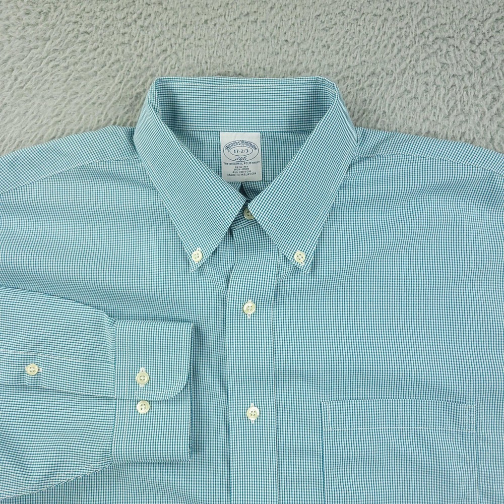 Brooks Brothers 346 Dress Shirt Mens 17 Blue Gingham Slim Non Iron Cotton