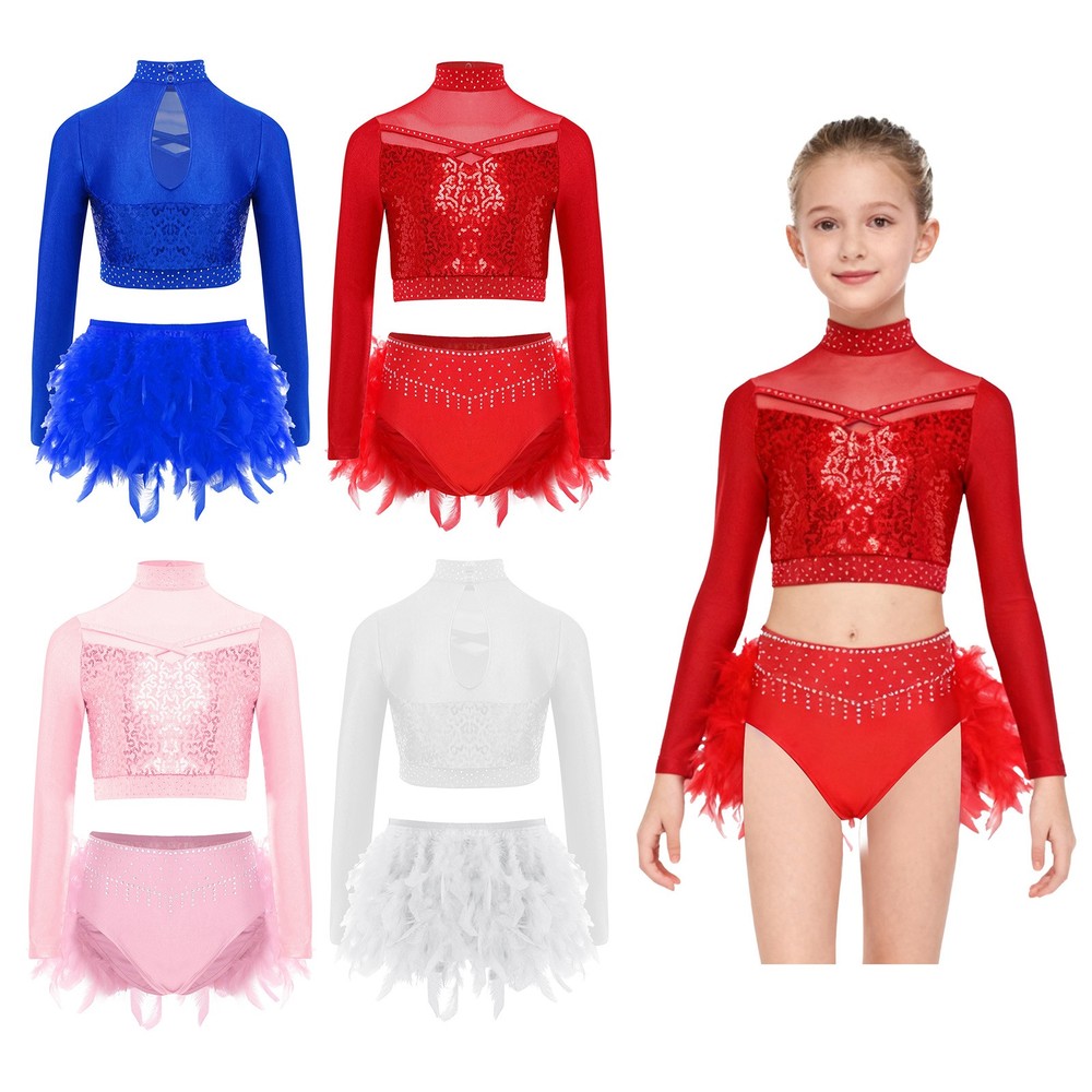 US Kids Girls 2 Piece Dance Outfit Sequin Crop Top with Feather Briefs Skirt Set