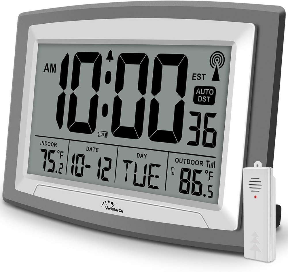 Wallarge Atomic Clock with Outdoor and Indoor Temperature - 12.5 Inch Self-Setti