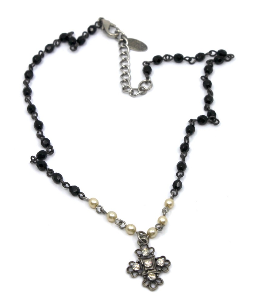 Seasonal Whispers  Cross Pendant Beaded Necklace Pearl / Black / White 15-17