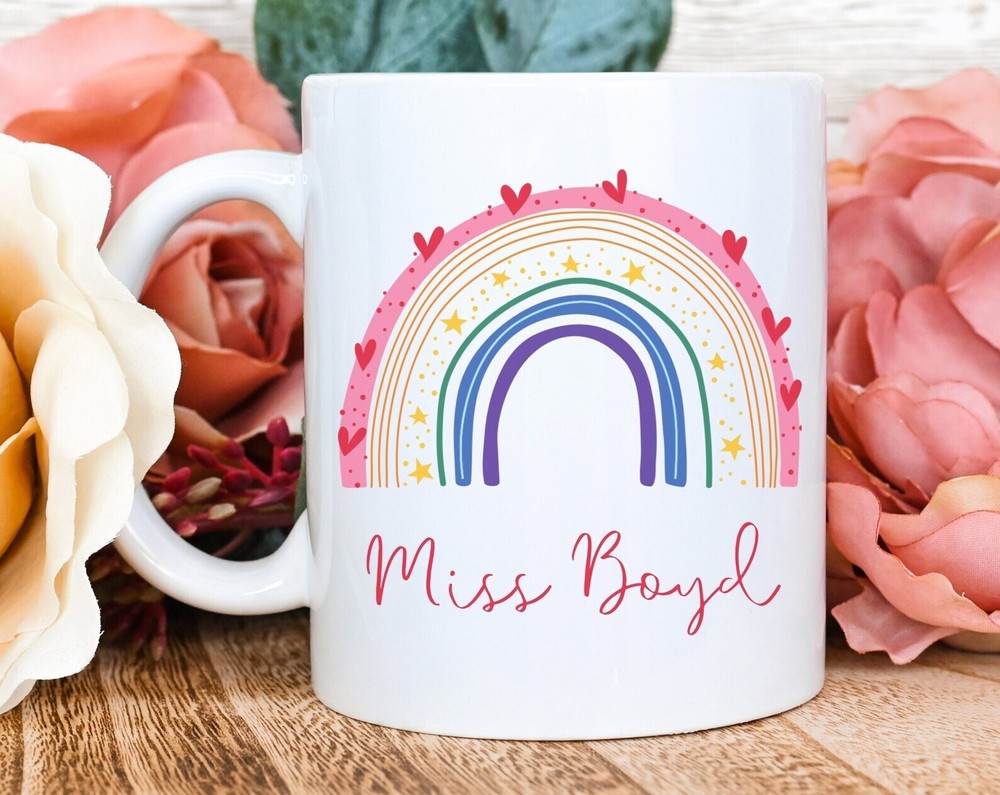 Rainbow Teacher Mug Personalised Cute School Teacher Gift Custom Name Customized