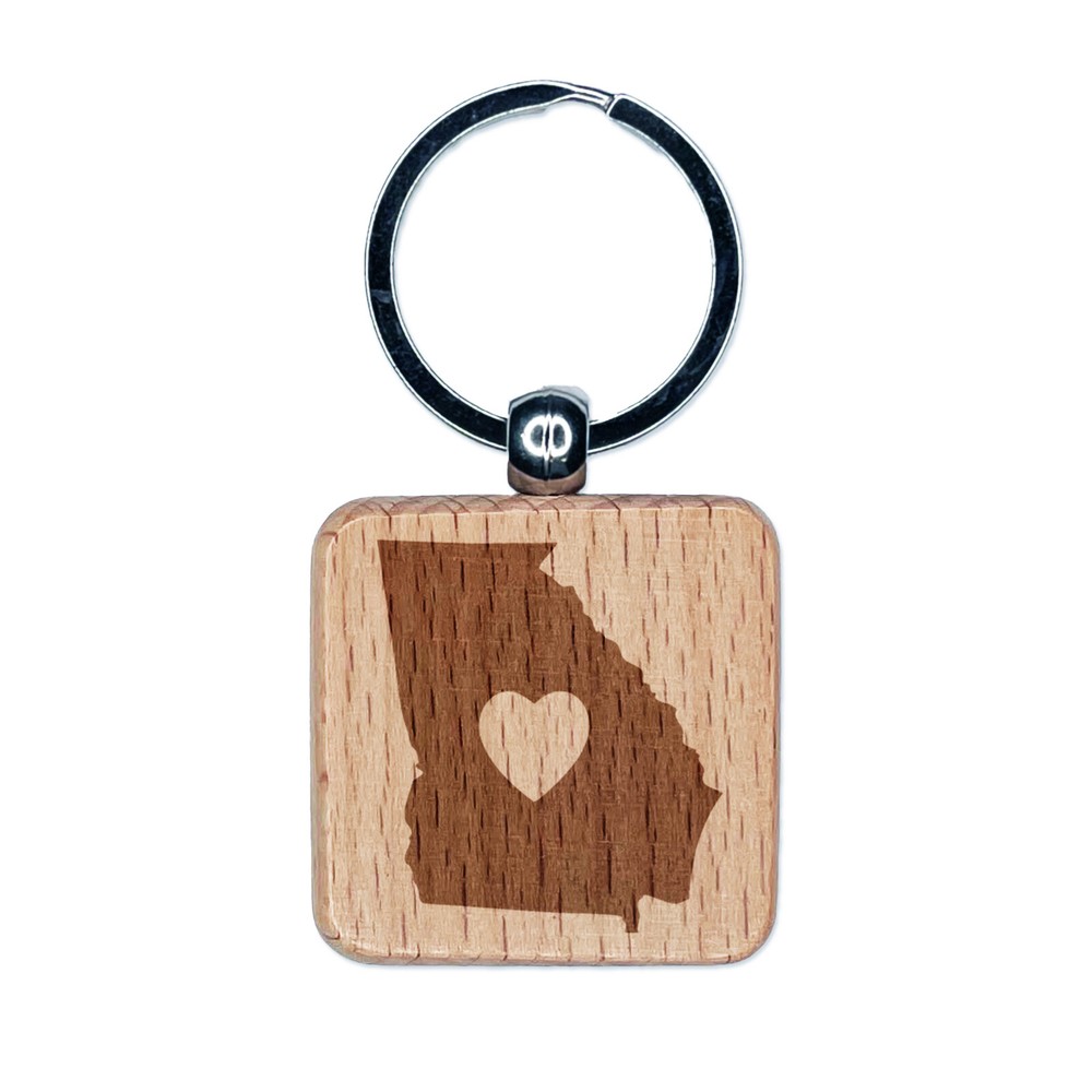 Georgia State with Heart Engraved Wood Square Keychain Tag Charm