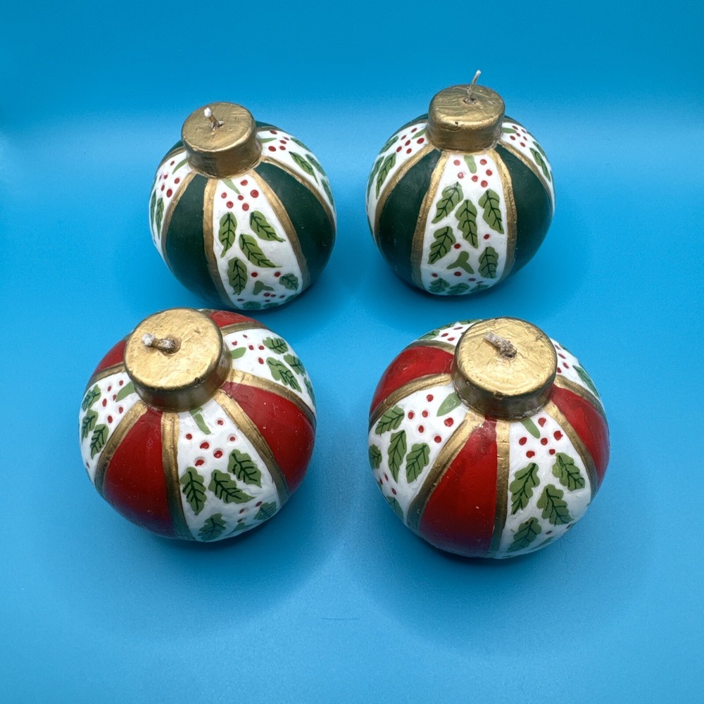 Set/4 Christmas Bulb Ornament Candles Crafted Candles Round Balls Holly Berry