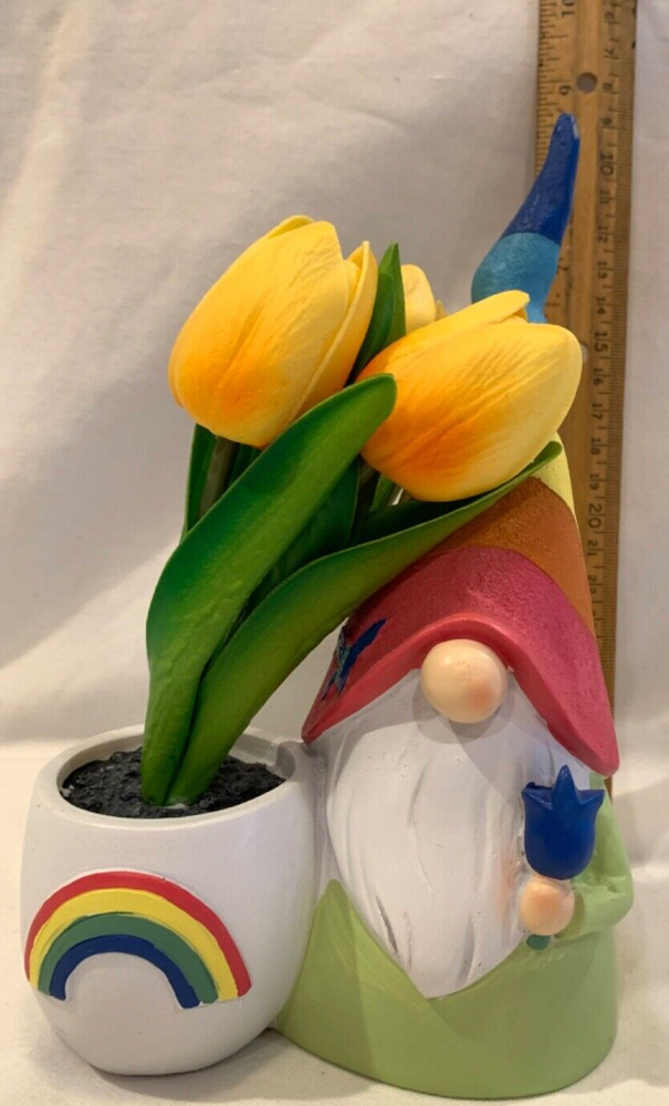 Gnome Planter with Realistic Faux Tulips Decorative Accent