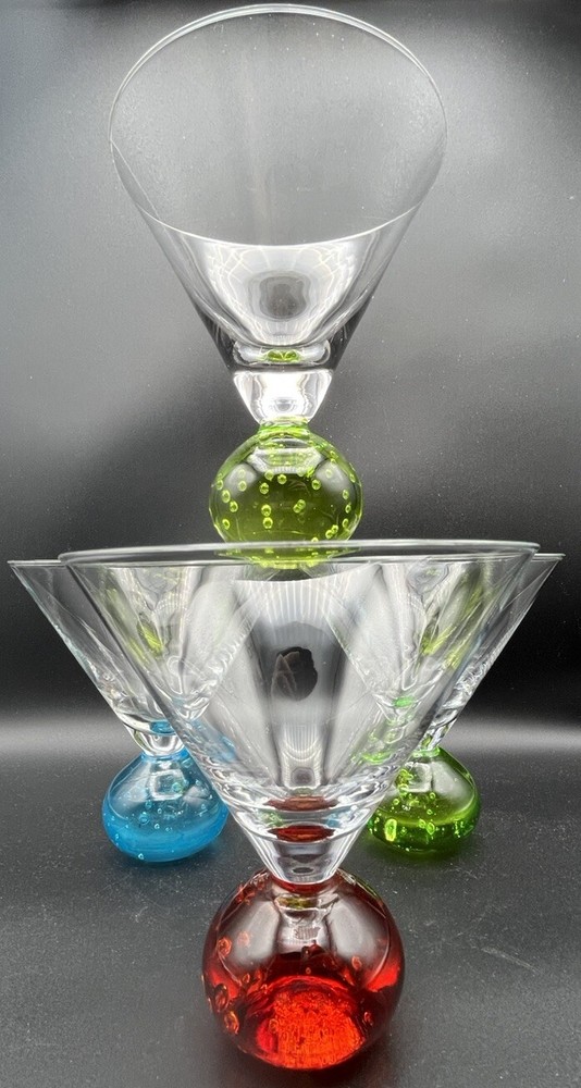 Martini Glass Controlled Bubble Ball Stem Hand Blown Set Of 4 Red Green Yellow