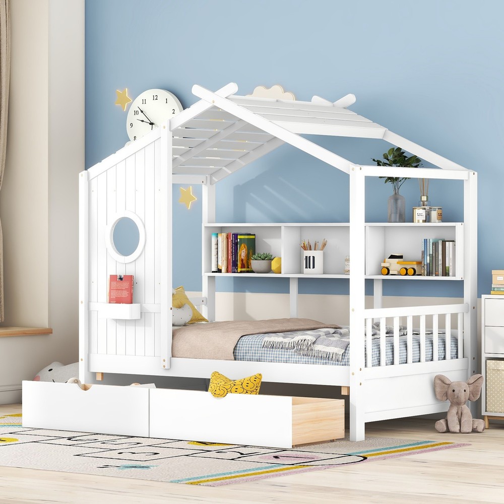 White Wooden Twin House Bed with Storage Drawers & Shelf for Kids
