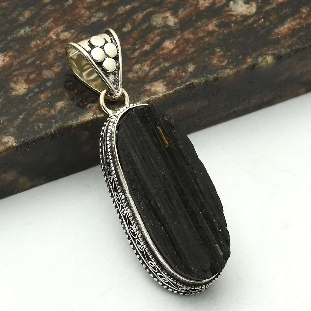 Black Tourmaline Gemstone Handmade Antique Design Pendant Jewelry 2.4