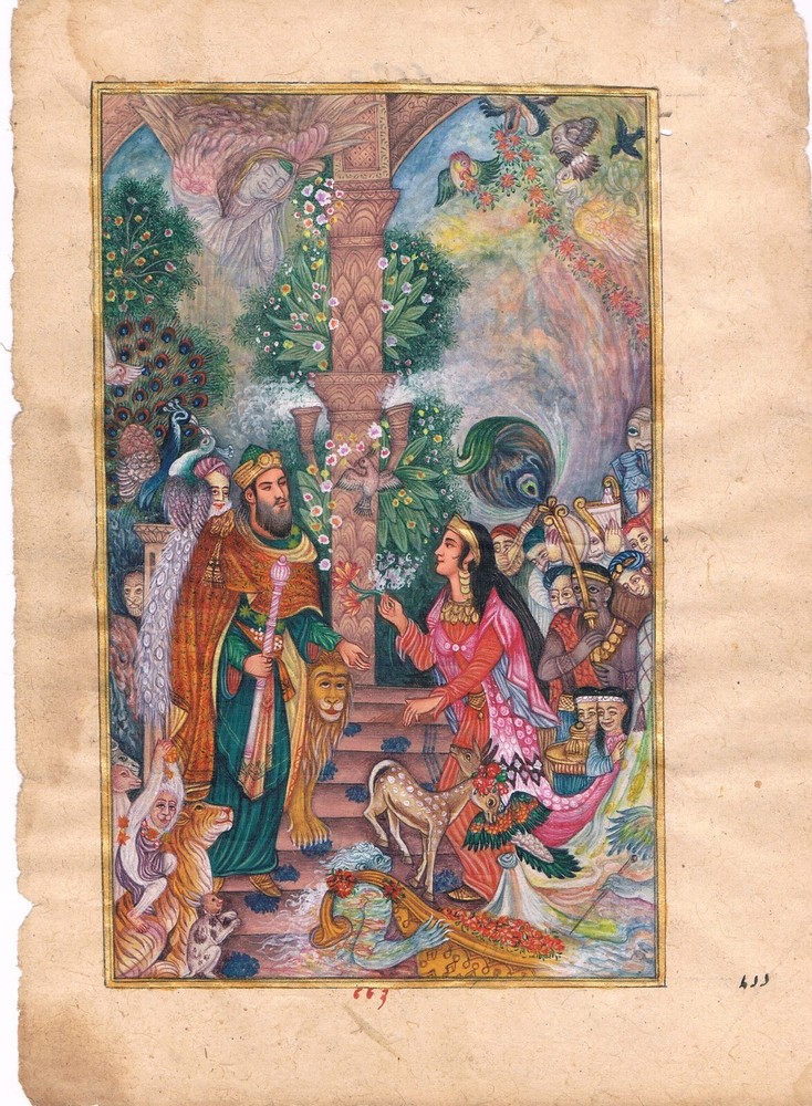 Persian Miniature Art King Queen Animals Painting 6x9 Inches