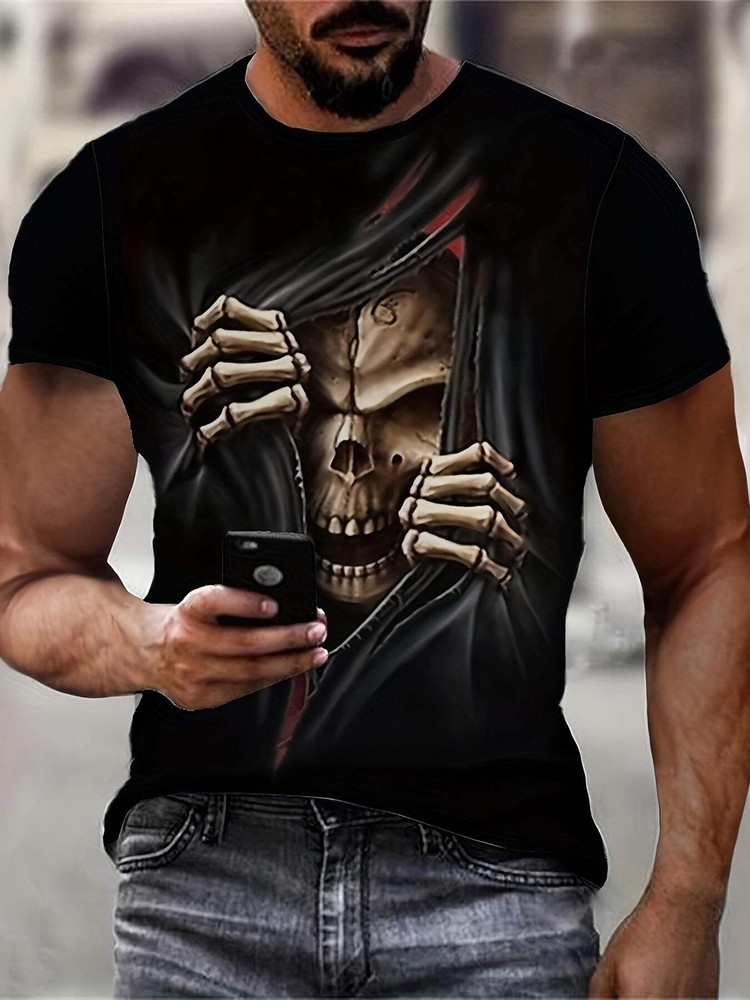 Men's 3D Skull Printed T-shirt - Casual Short Sleeve, Summer Outdoor, Stretch Po