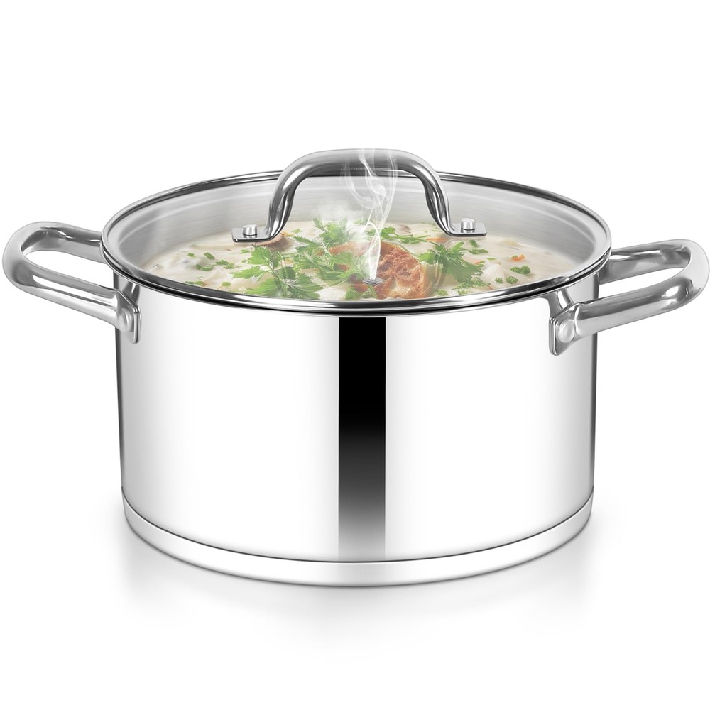 8QT Stainless Steel Tri-ply Bottom Stock Pot with Lid for Cooking Vegetables and More
