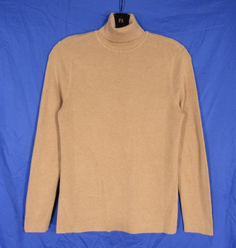 CHICO'S Solid Tan STRETCHY Ribbed Knit TURTLENECK Body-Hugging SWEATER 1 (US M)