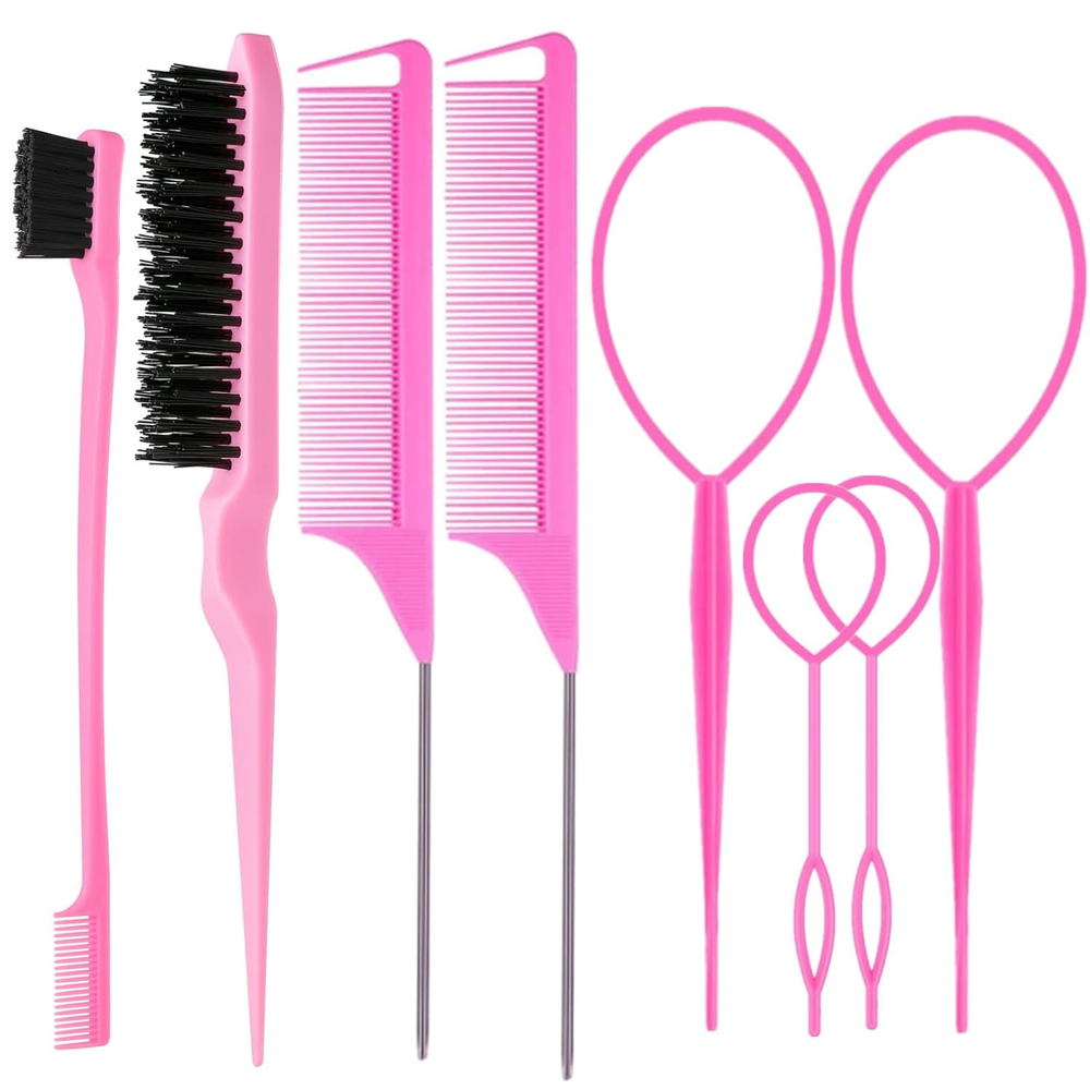 8Pcs Hair Brushes Set with 4Pcs Topsy Hair Tail Tools 1Pcs Bristle Teasing Hair