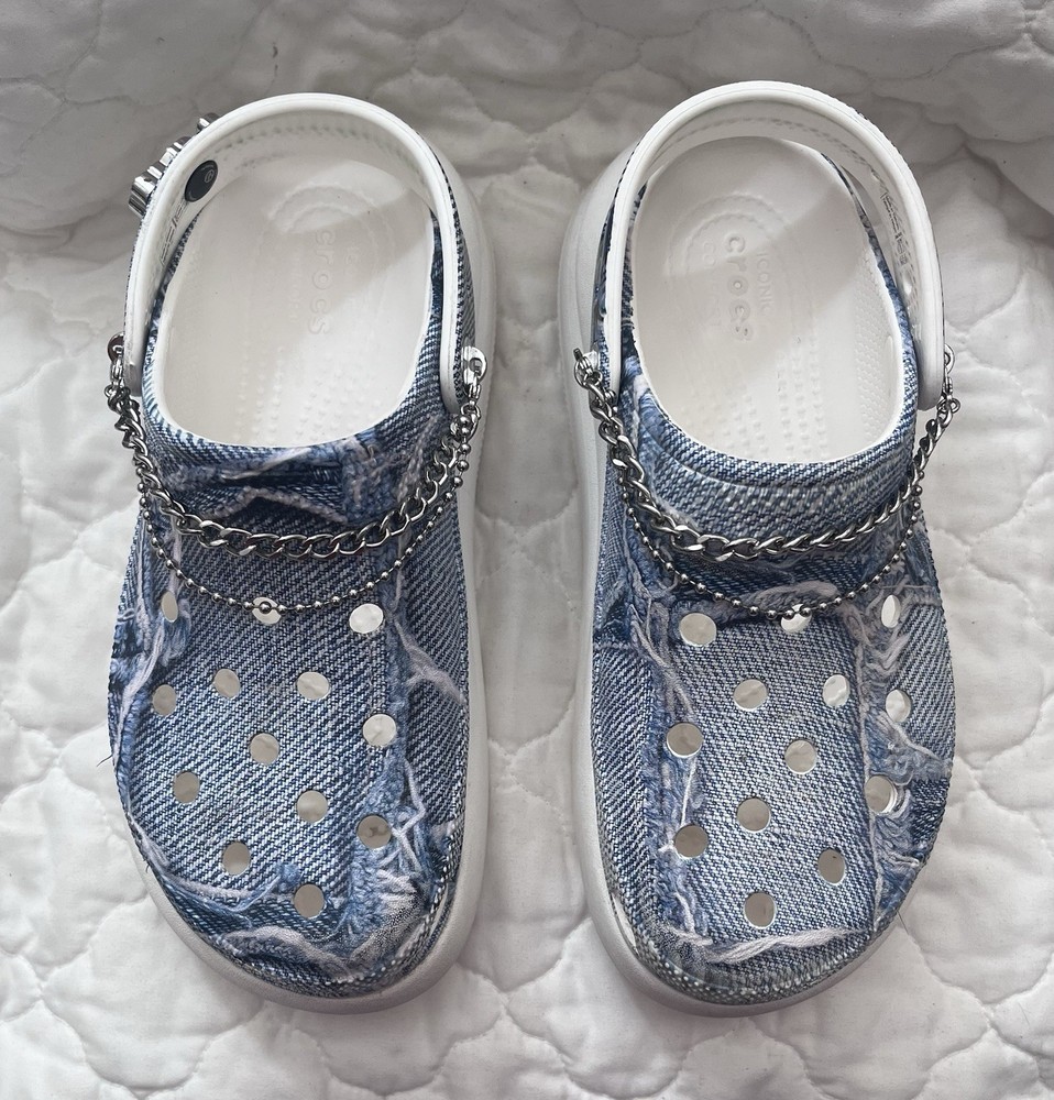 Crocs Women's SZA Denim Chain Slip-On Blue White Sandals Size 7