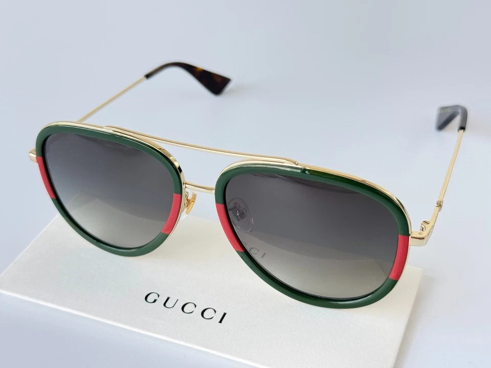 GUCCI GG0062S 003 Green/Red Aviator Unisex Sunglasses Light Grey Lens 57mm
