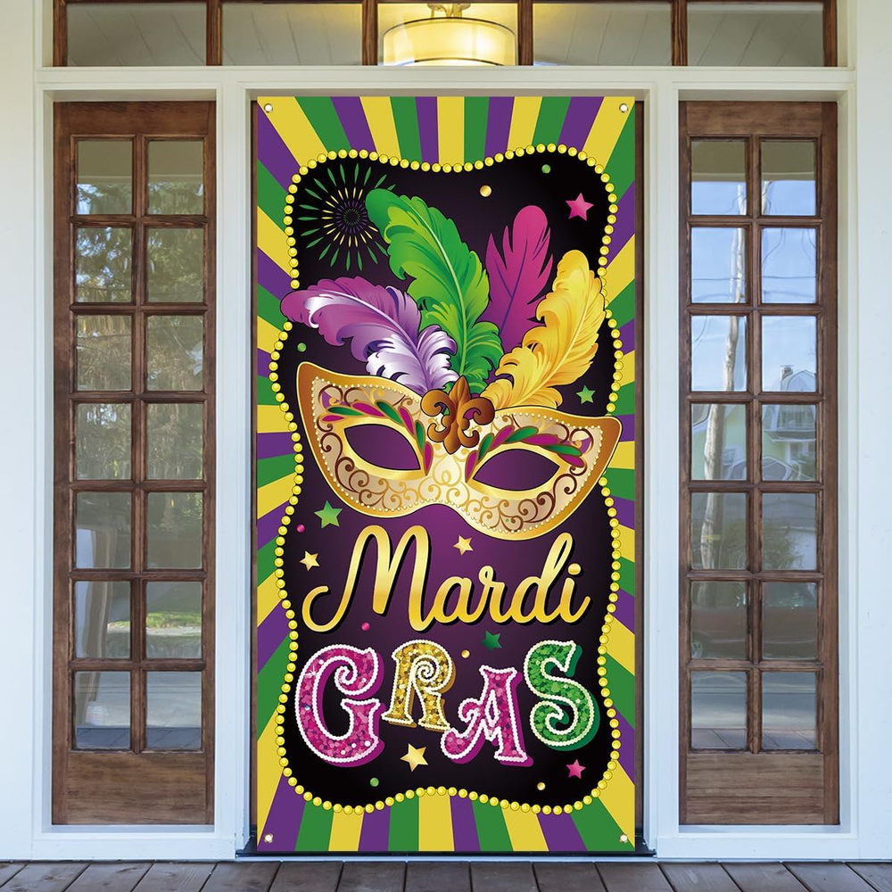 Mardi Gras Door Cover, New Orleans Themed Carnival Party Decoration, 71 × 35Inch