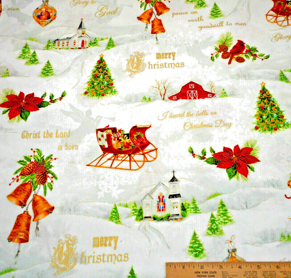 Christmas Fabric By Yard Church Scene Religious Christian White Cotton #24 C
