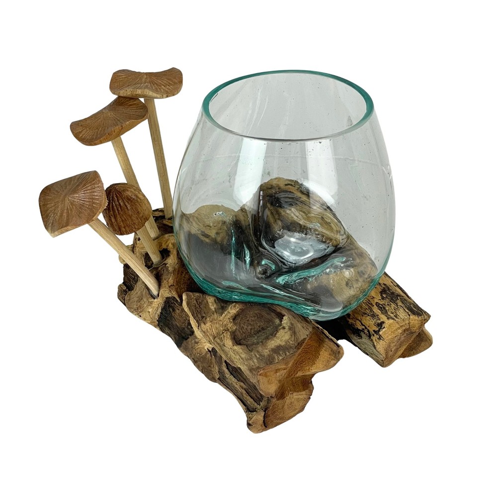 Handcrafted Glass Vase with Teak Driftwood and Wood Mushroom Accents  