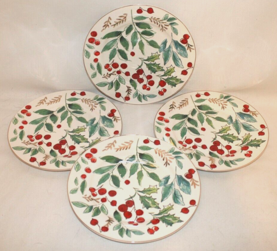 Grace Teaware Green Leaves & Red Berries Porcelain Salad Plates Set of Four New