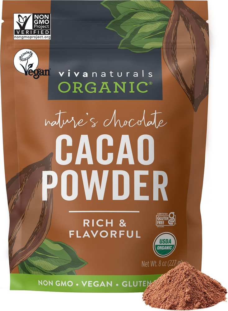 Viva Naturals Organic Cacao Powder, 8 Oz - Unsweetened Cocoa Powder with Rich Da