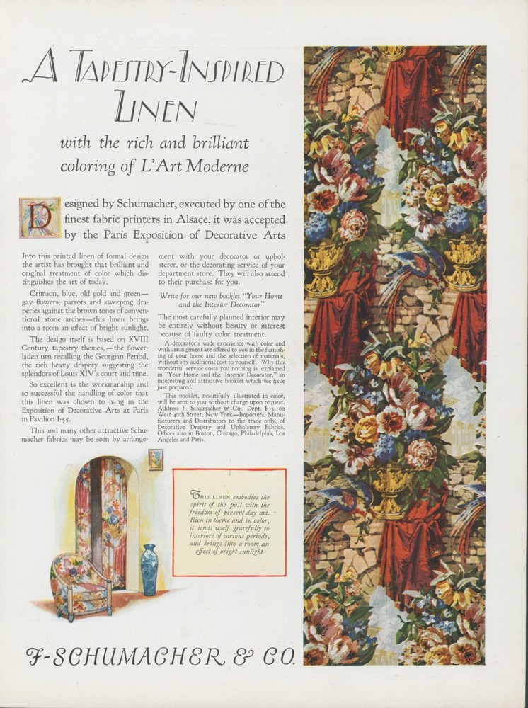 1926 F Schumacher Co Fabrics Tapestry Inspired Linen Alsace Vintage Print Ad HB1