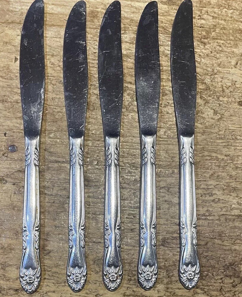 Customcraft Flatware Knives Floral Vintage Taiwan Lot Of 5