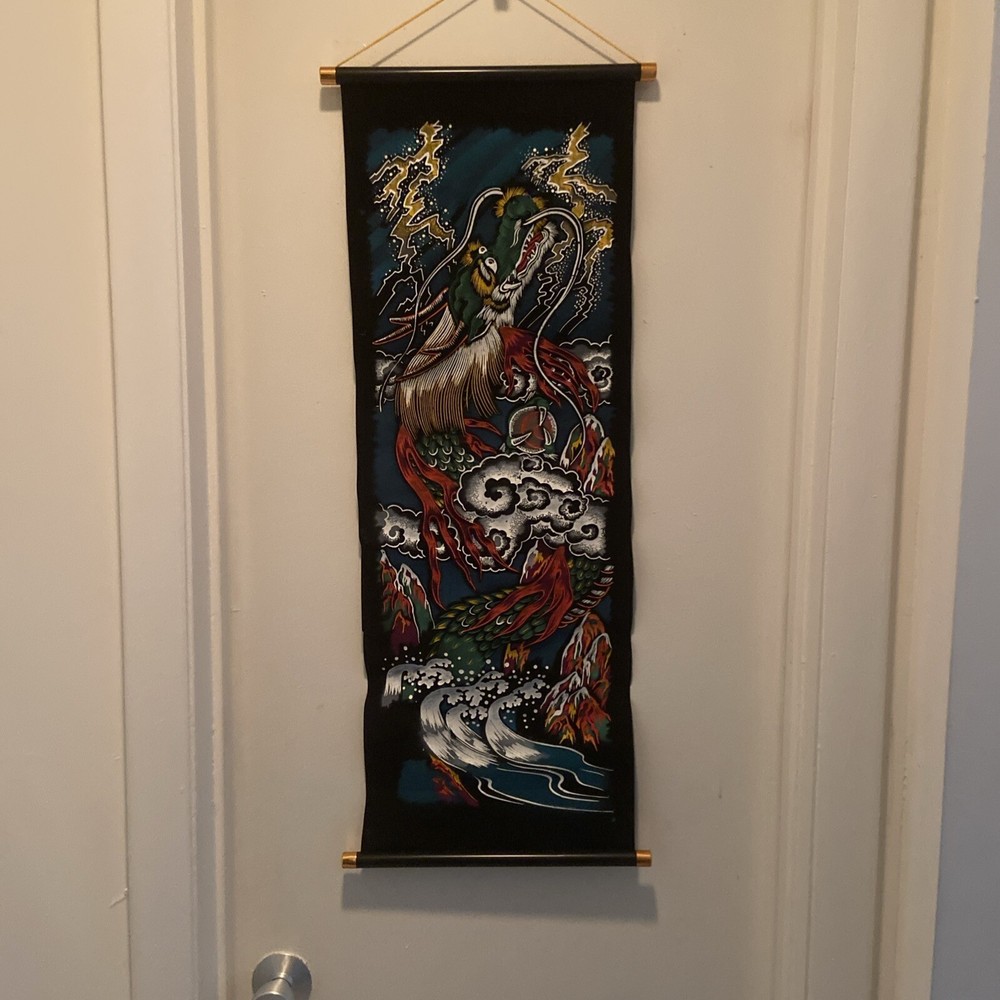 Vintage MCM Painted Dragon Scroll Black Velvet Wall Hanging Japan Poster