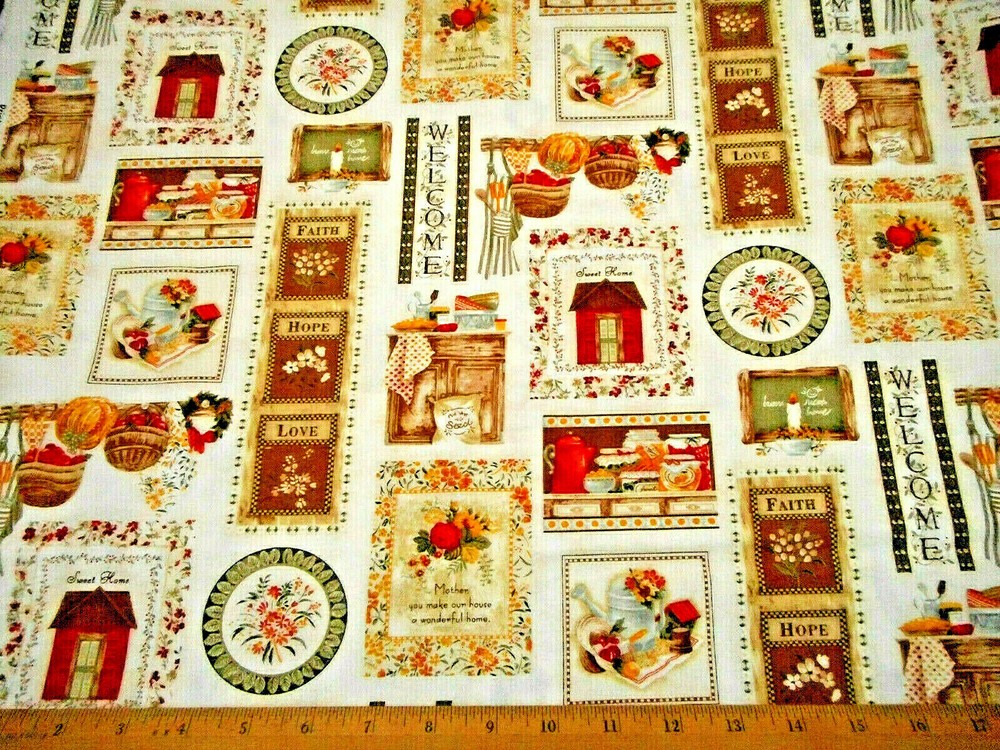 Cotton Fabric By The Yard Vintage Home Patch Brown Orange Green Yellow on Ivory