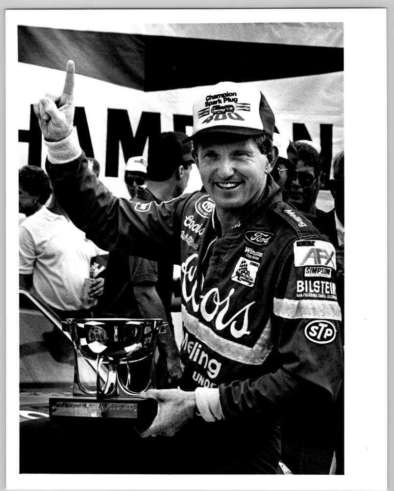 Bill Elliott NASCAR Winner Trophy MIS 1987 8x10 B&W Spark Plug Photo