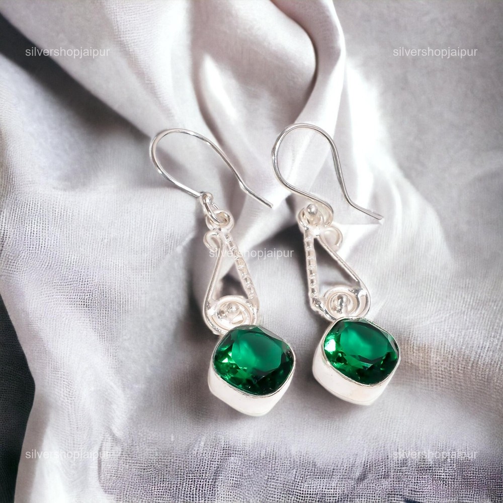 Mother's Day Emerald Gemstone 925 Sterling Silver Dangling Earrings-image