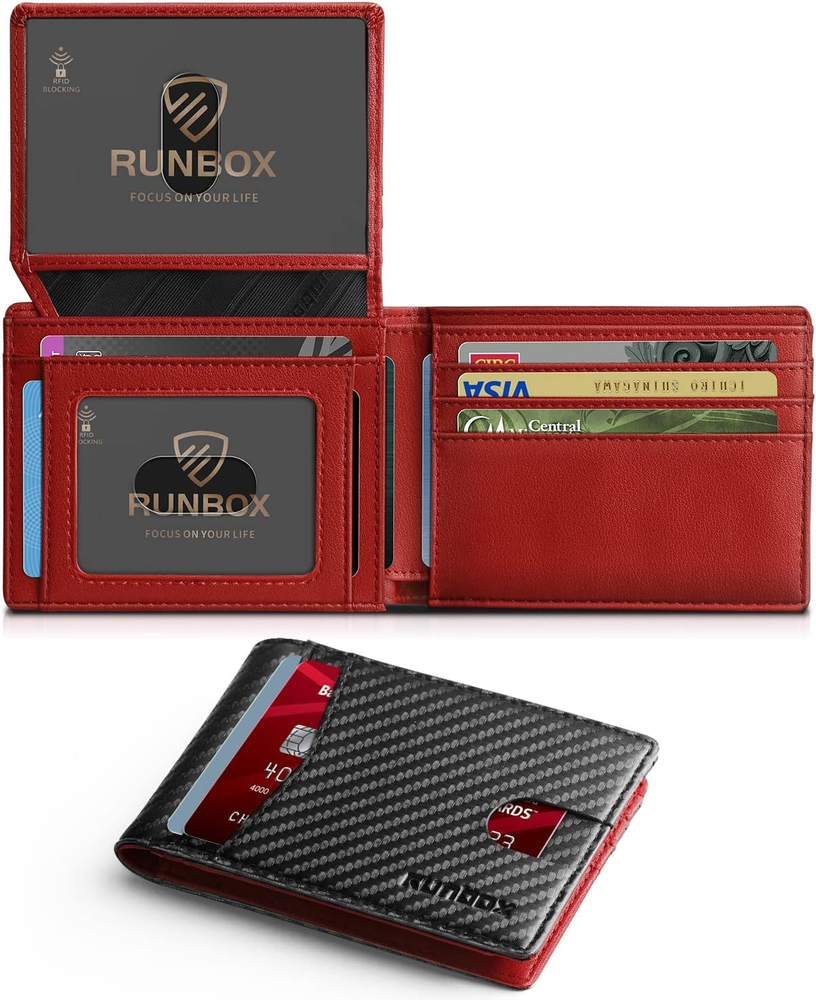 Slim Mens RFID Leather Wallet with 2 ID Windows Gift Box Red