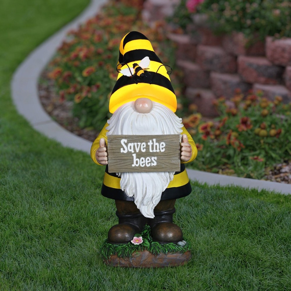 Solar-Powered Beekeeper Gnome Statue with Save the Bees Sign - 6x13 Inch Garden Decor