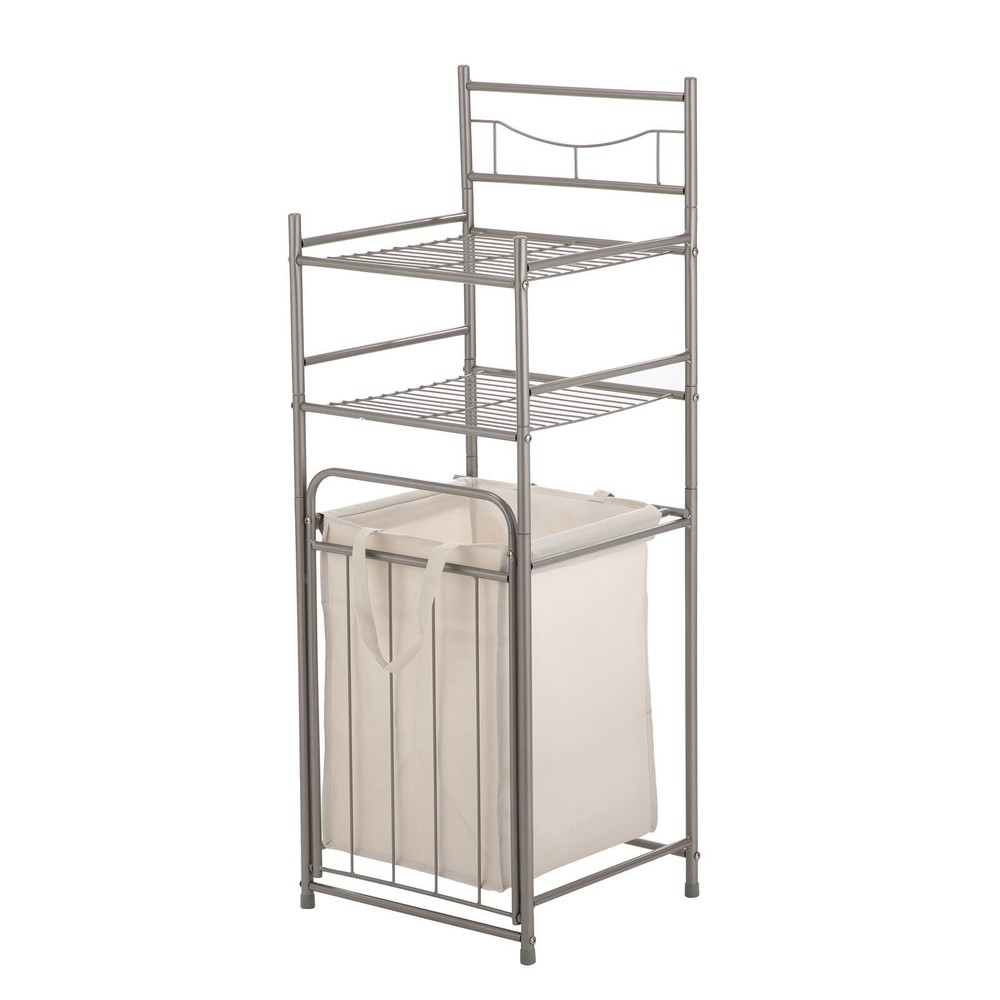2-Shelf Steel Storage Shelf Unit with Hamper Satin Nickel Bathroom Shelving New
