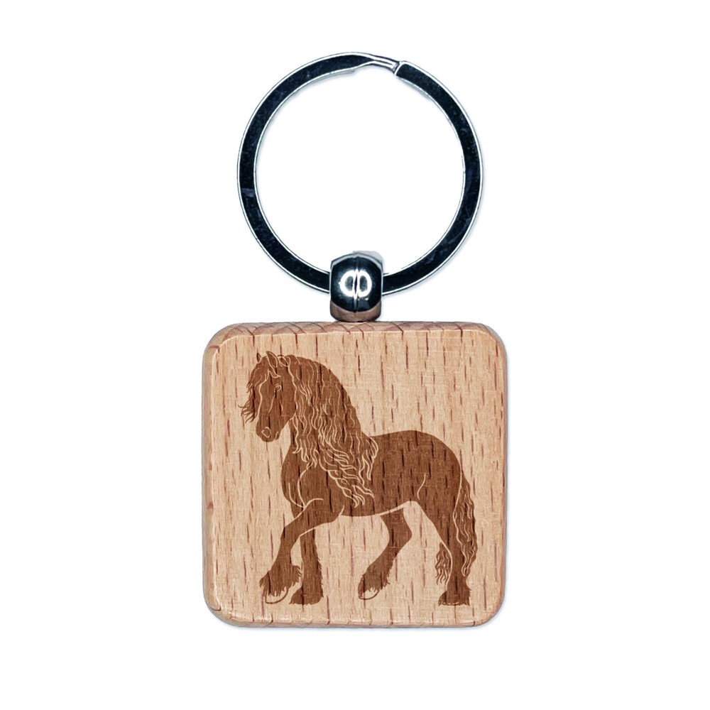 Elegant Friesian Horse Engraved Wood Square Keychain Tag Charm