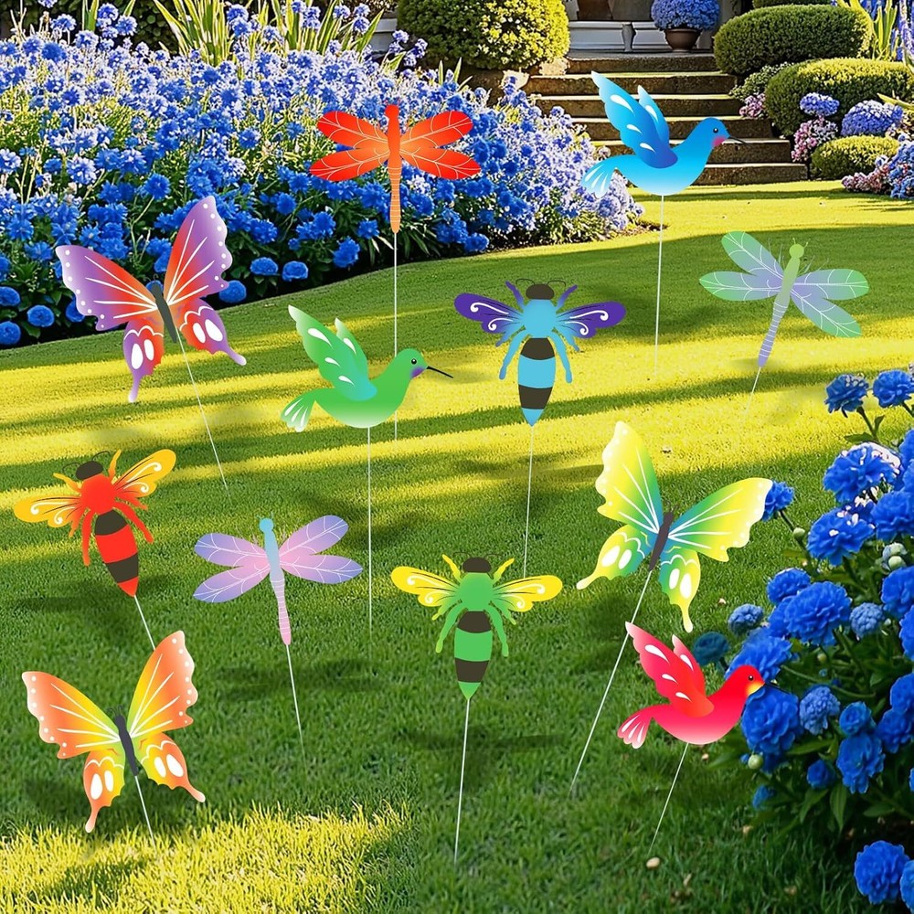 12PCS Garden Yard Butterfly Stakes Butterfly Dragonfly Hummingbird Bee Yard Art