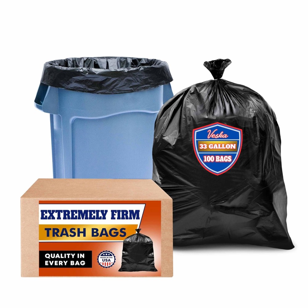 Veska 33 Gallon Trash Bags (Huge 100 Bags w/Ties) Large Black Garbage