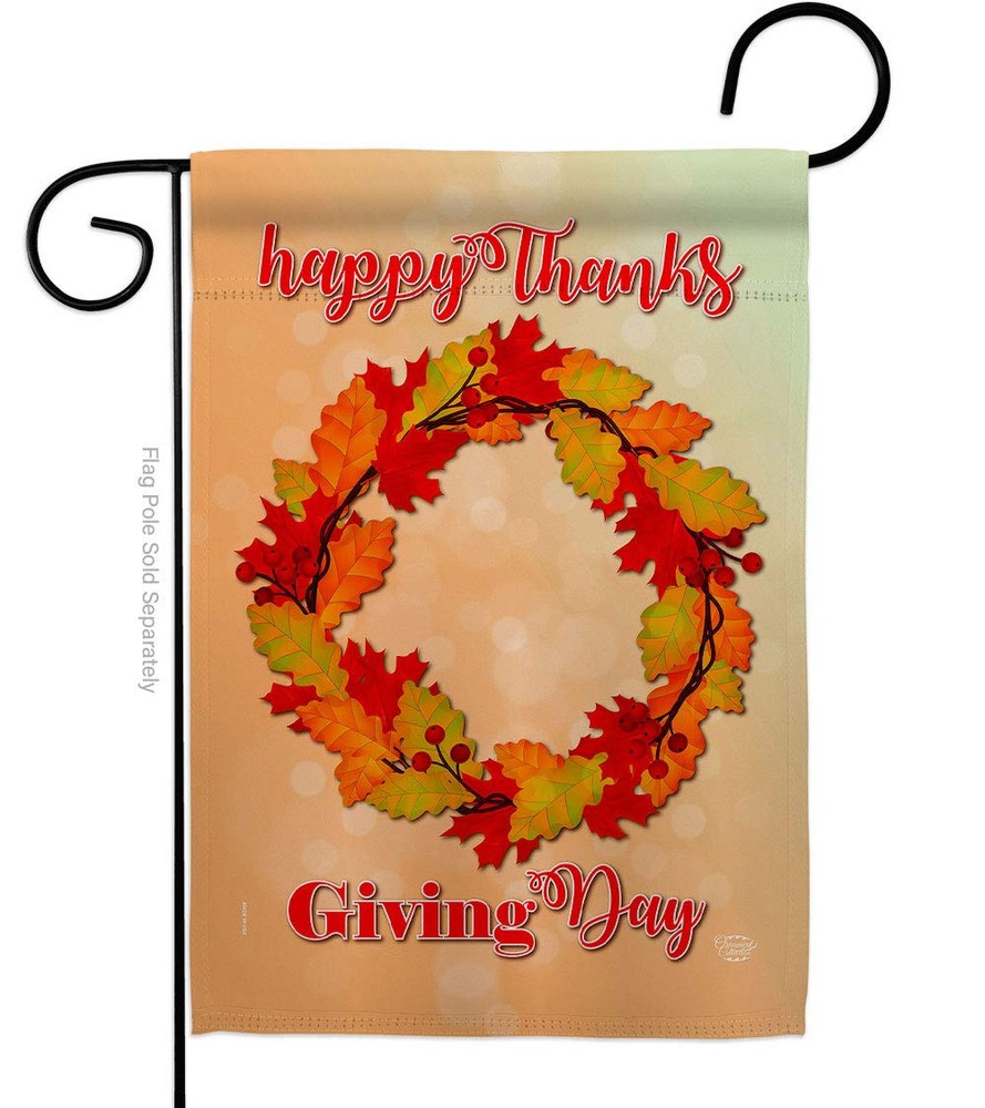 Thanksgiving Day Wreath Garden Flag - Fall Turkey Give Thanks Gobble Pumpkin ...