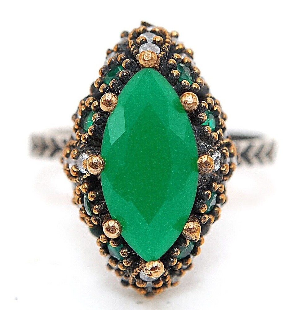 3CT Treated Emerald 925 Sterling Silver Ottoman Empire Style Ring Size 7.5