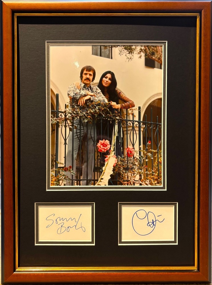Sonny and Cher Hand Signed Framed 37x49cm Card with COA