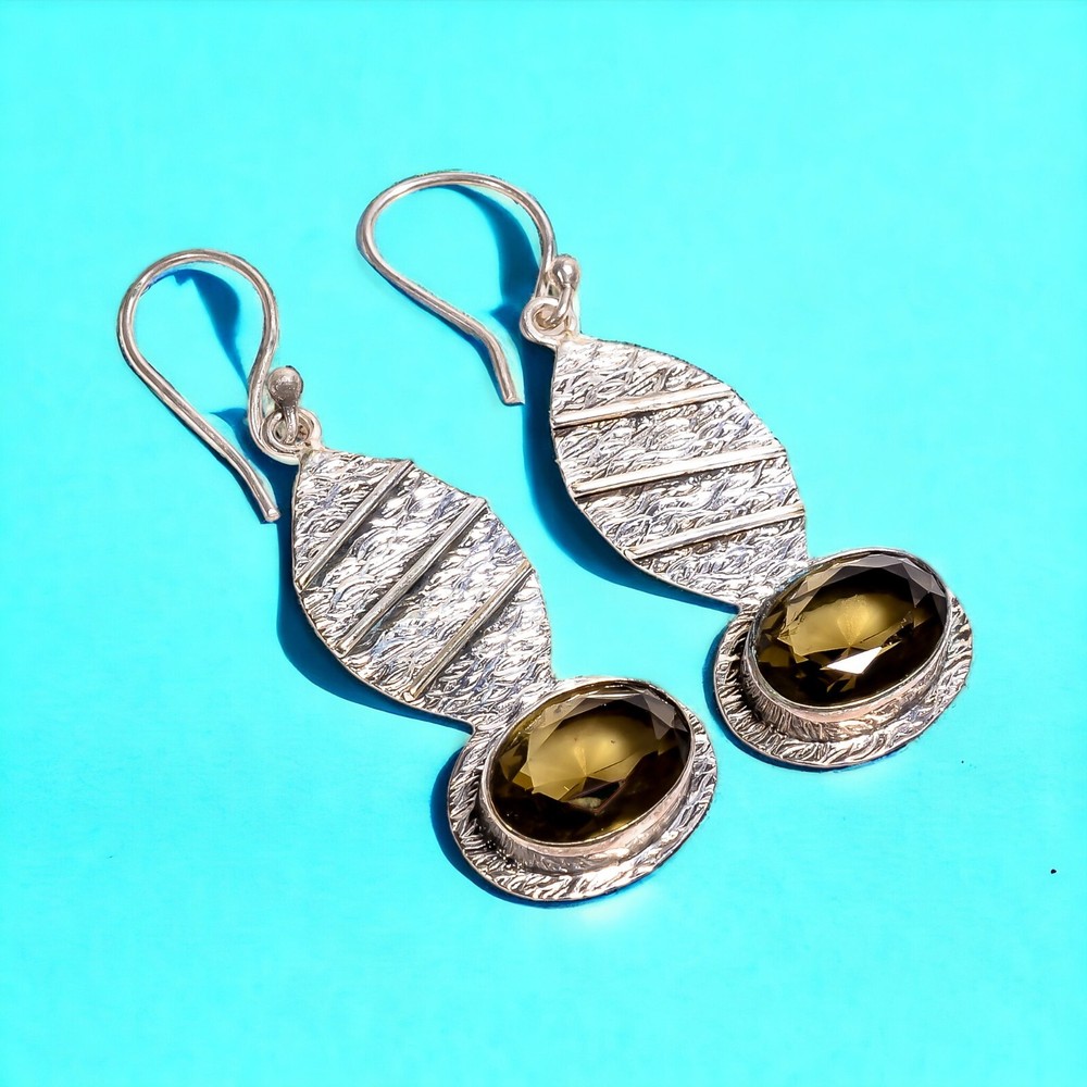 Gift For Her 925 Silver Natural Smoky Quartz Gemstone Drop/Dangle Earrings