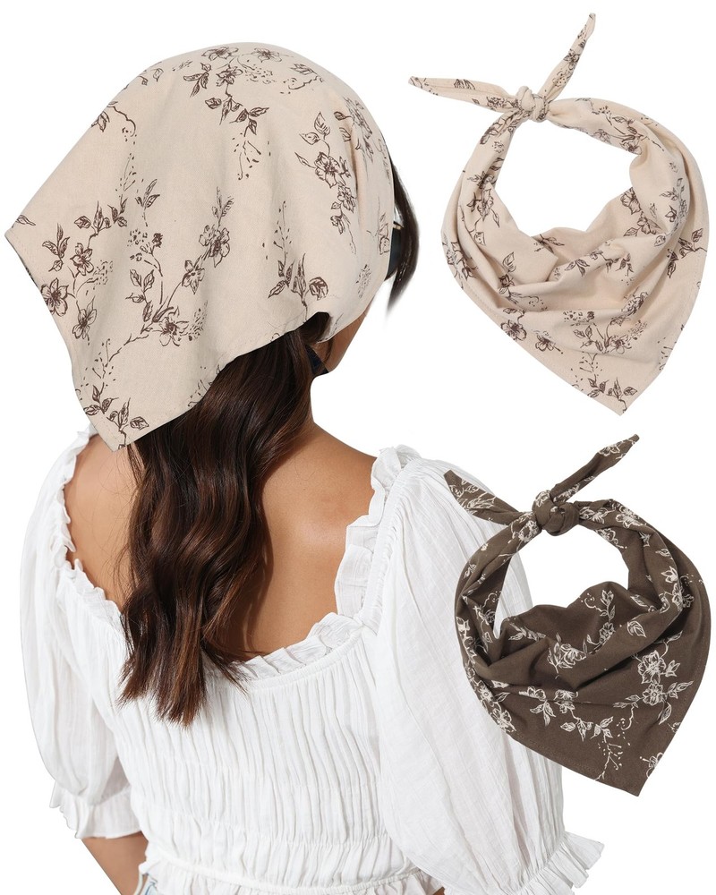 Cotton Floral Hair Scarf Set - 2PCS Women's Triangle Bandanas and Head Wraps