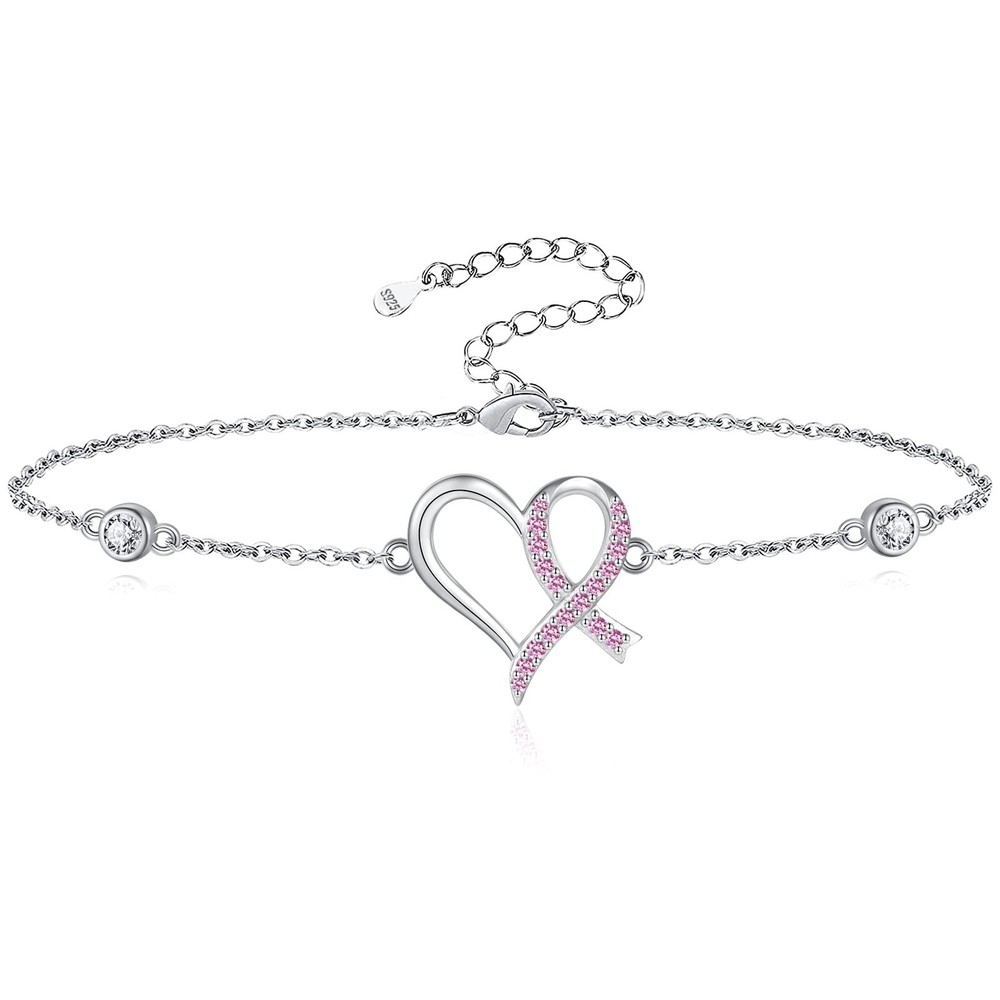Breast Cancer Awareness Jewelry Set - Pink Ribbon Necklace Bracelet Earrings in 925 Sterling Silver