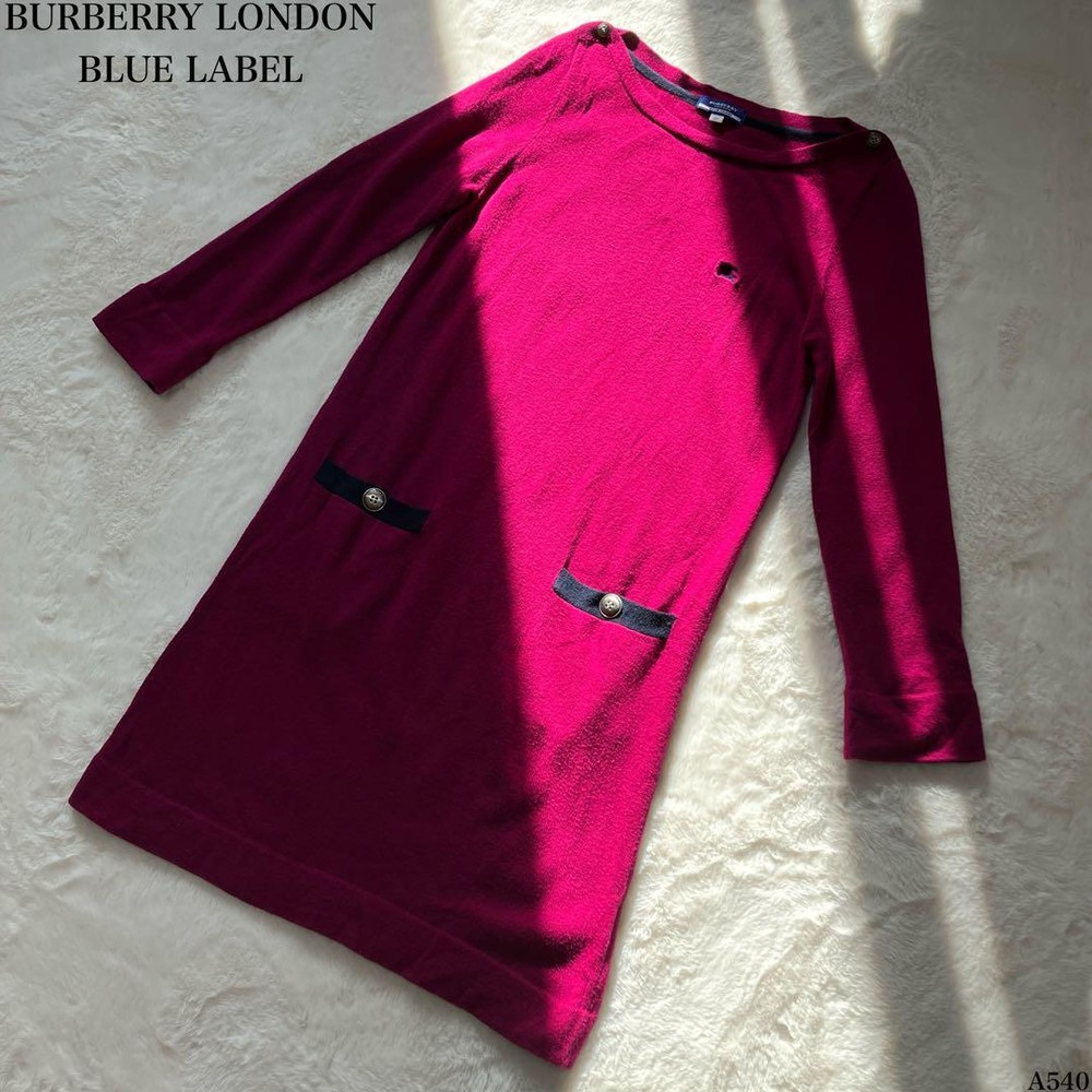 Burberry Blue Label Knit Sweater Pink Long Sleeve 38 Gold Buttons Wool Cotton